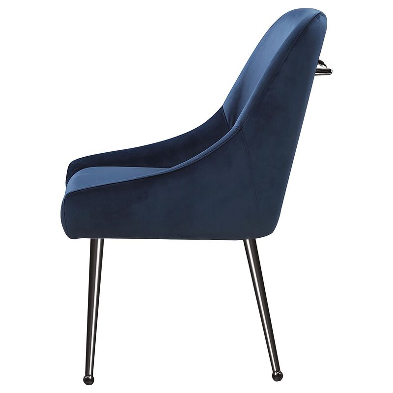 Maya Dining Side Chair Set of 2, Slope Arms, Black Metal, Blue Velvet - Benzara