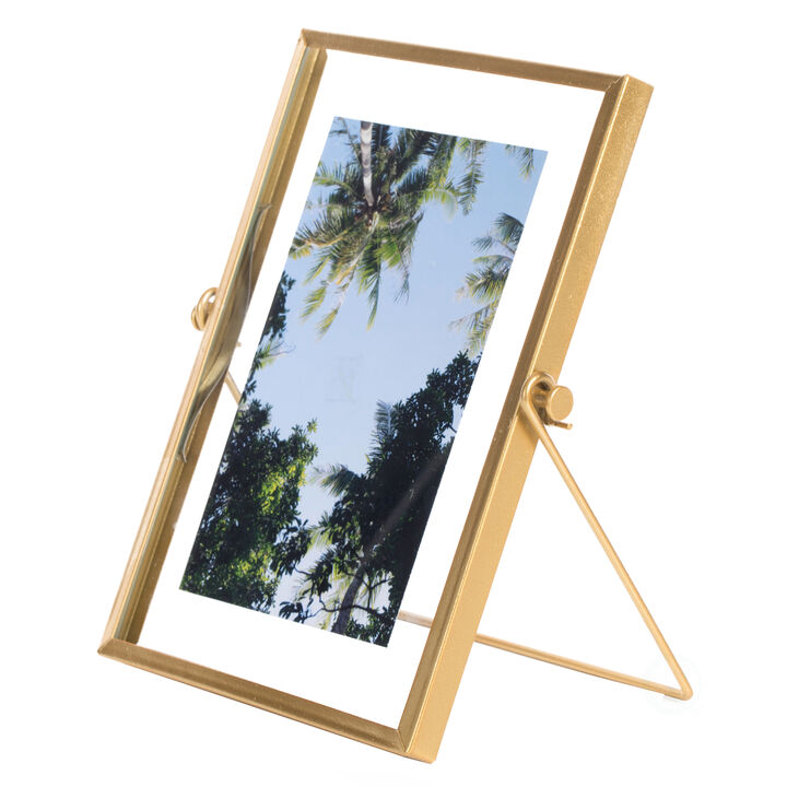 Modern Metal Floating Tabletop Photo Picture Frame with Glass Cover and Easel Stand, Gold 4" x 6"