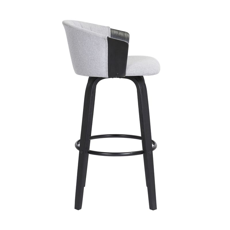 Oja 26 Inch Swivel Counter Stool Chair, Light Gray Fabric, Curved, Black - Benzara
