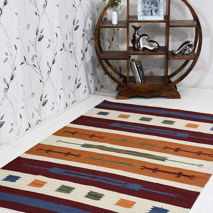 RUGSOTIC CARPETS HAND WOVEN FLAT WEAVE KILIM WOOL ECO-FRIENDLY AREA RUGS  - 6'x9', Rectangle Shape, Multicolor Color, Contemporary Modern Design, Low Pile Handmade Rugs for Living Room (D00112)