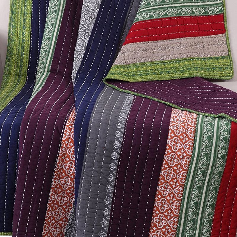 60 Inch Cotton Throw Blanket, Multi Color Stripes, Kantha Hand Quilting-Benzara