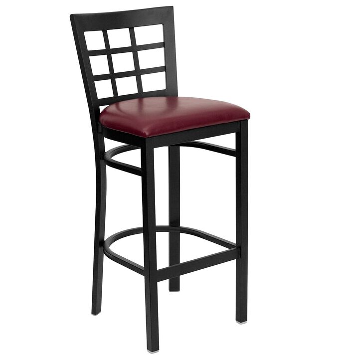 Flash Furniture HERCULES Series Black Window Back Metal Restaurant Barstool - Burgundy Vinyl Seat