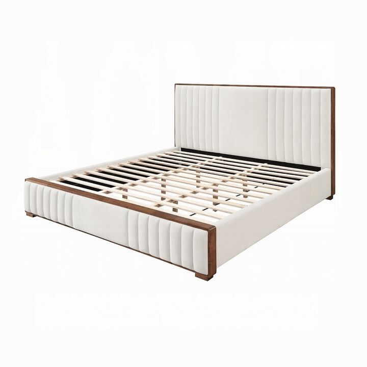 Lesa King Bed, Channel Tufted Beige Chenille Upholstery, Walnut Brown - Benzara