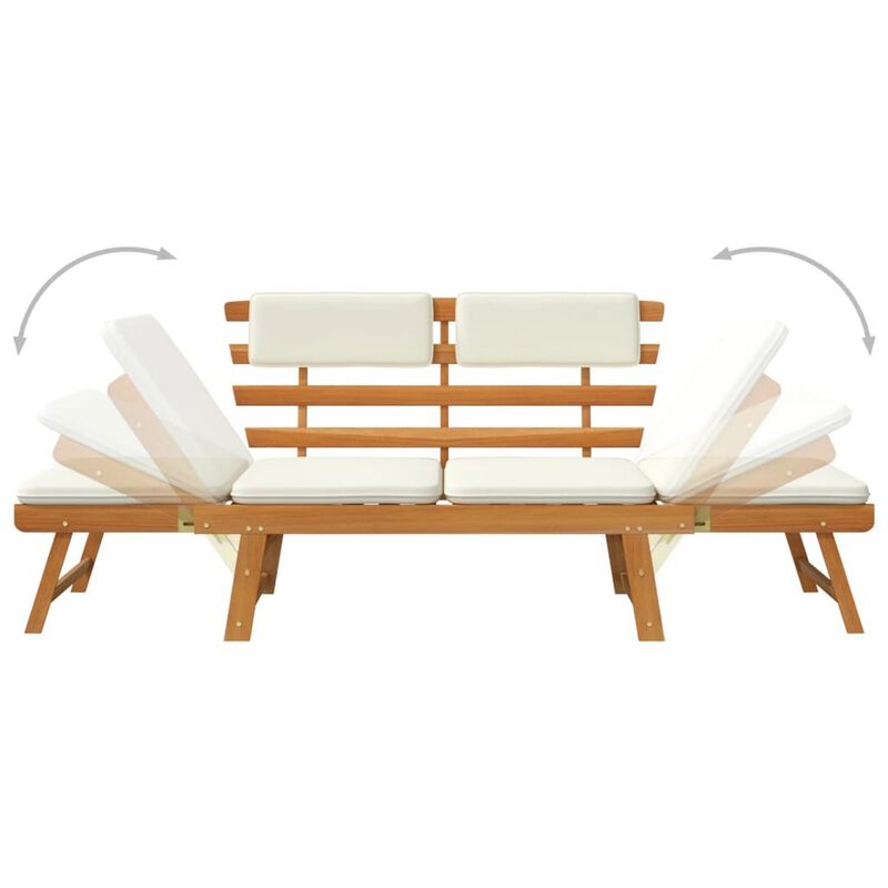 Outdoor Bench, Folding 2 in 1 Style, White Cushions, Brown Acacia Wood - Benzara