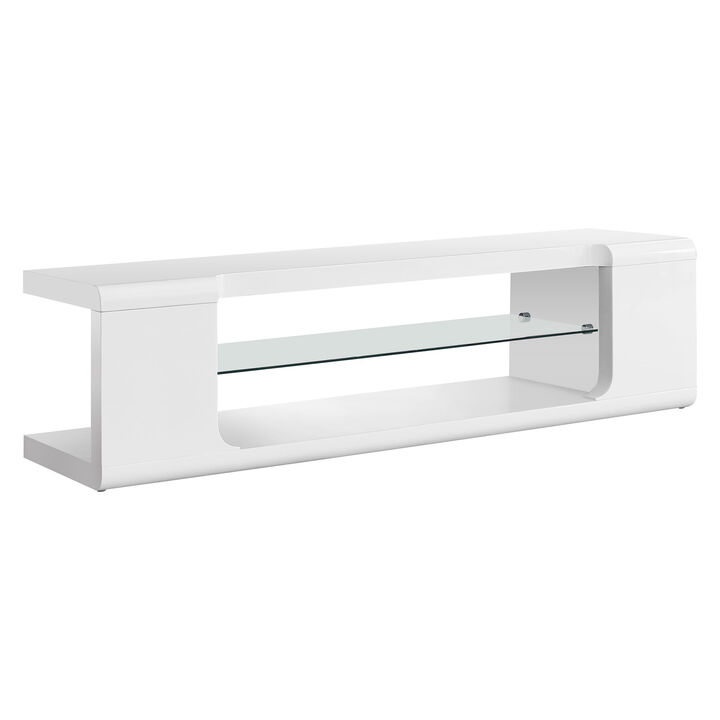 Monarch Specialties I 3535 Tv Stand, 60 Inch, Console, Media Entertainment Center, Storage Shelves, Living Room, Bedroom, Laminate, Tempered Glass, Glossy White, Clear, Contemporary, Modern