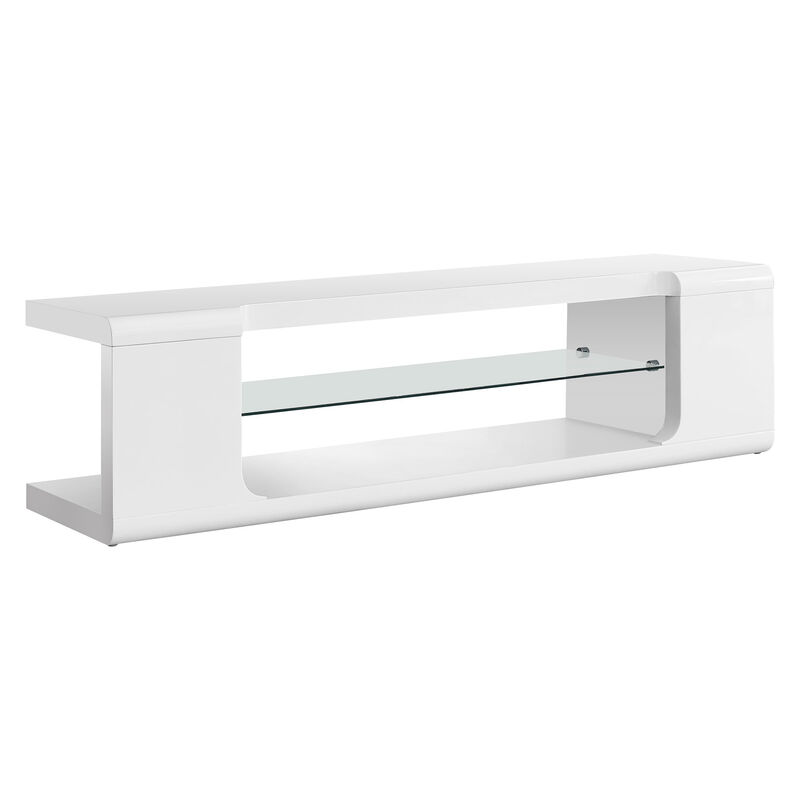 Monarch Specialties I 3535 Tv Stand, 60 Inch, Console, Media Entertainment Center, Storage Shelves, Living Room, Bedroom, Laminate, Tempered Glass, Glossy White, Clear, Contemporary, Modern