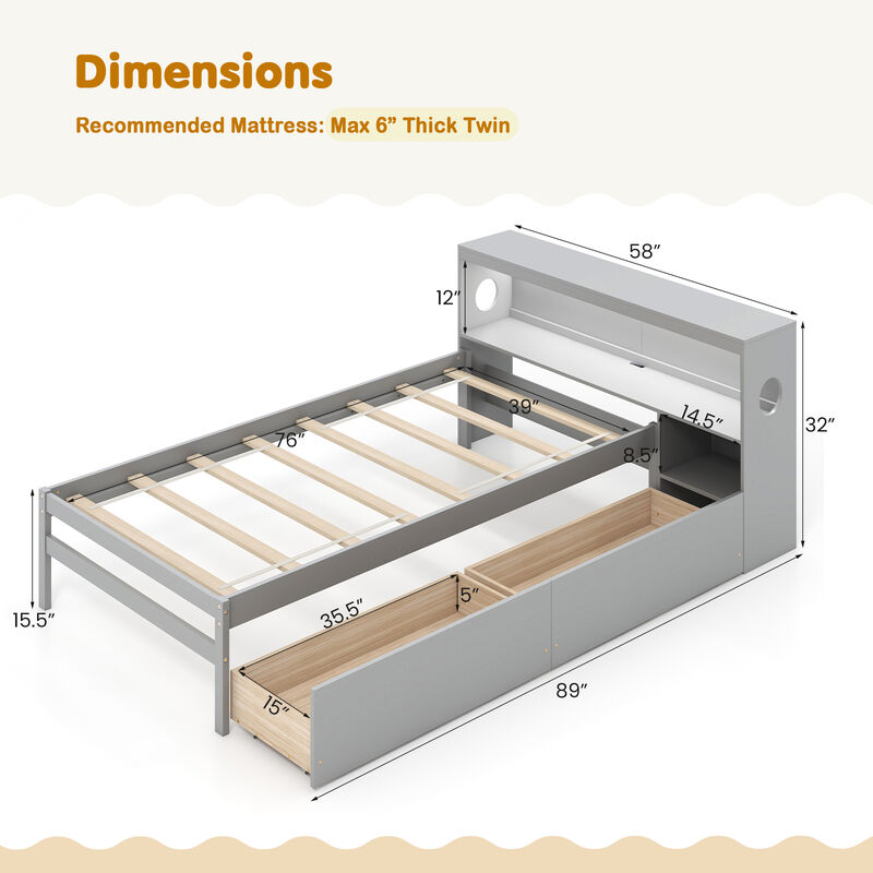 Bed Frame with LED Light and Bookcase Headboard