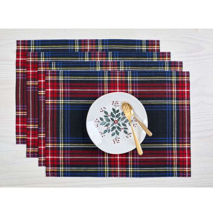 Solino Home 100% Pure Linen Placemats 14 x 19 Inch Set of 4 |Stewart Plaid