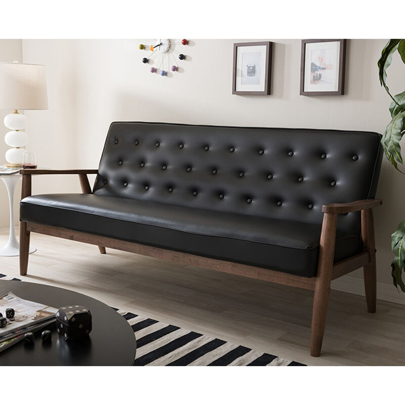 Baxton Studio Sorrento Mid Century Tan Faux Leather Upholstered Wood Sofa