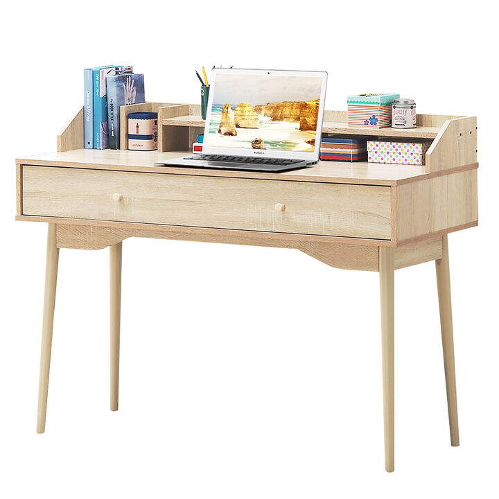 Costway Computer Desk Home Office Writing Desk Study Workstation w/Hutch &Drawer Natural