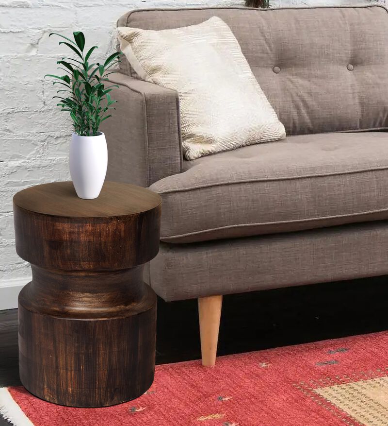 Hivvago 16" Brown Solid Wood Drum End Table
