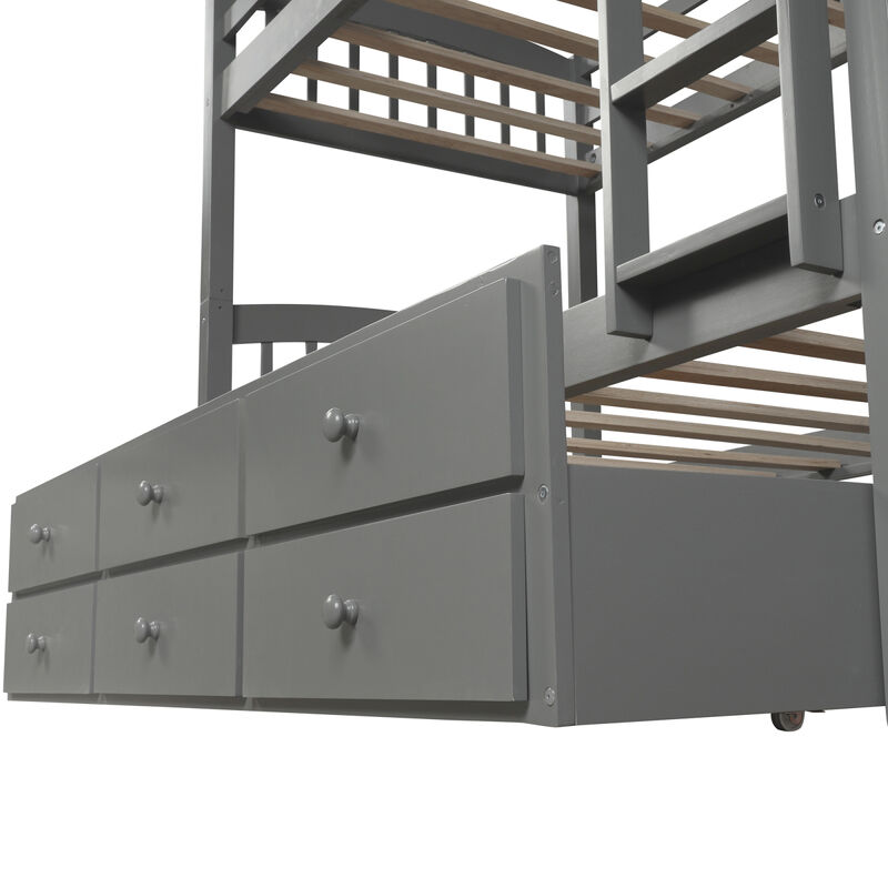 Twin Bunk Bed With Ladder, Safety Rail, Twin Trundle Bed With 3 Drawers For Teens Bedroom