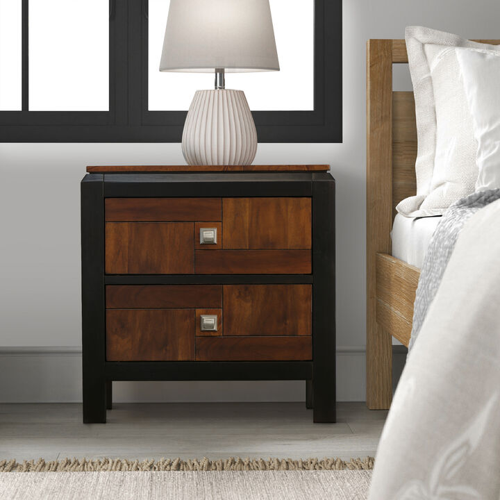 28 Inch Handcrafted Bedside Nightstand, 2 Drawers, Sleek Wood Pattern, Square Knobs, Walnut Brown-Benzara
