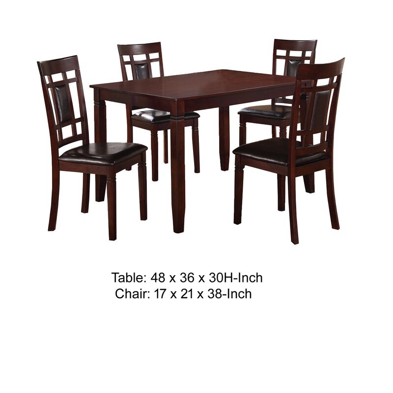 Wooden And Leather 5 Pieces Dining Set In Brown And Black-Benzara
