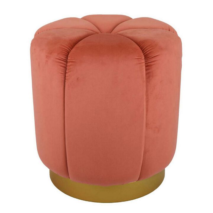 Sylvie Round Ottoman Stool, Soft Red Velvet, Gold Metal Base, 19 Inch - Benzara