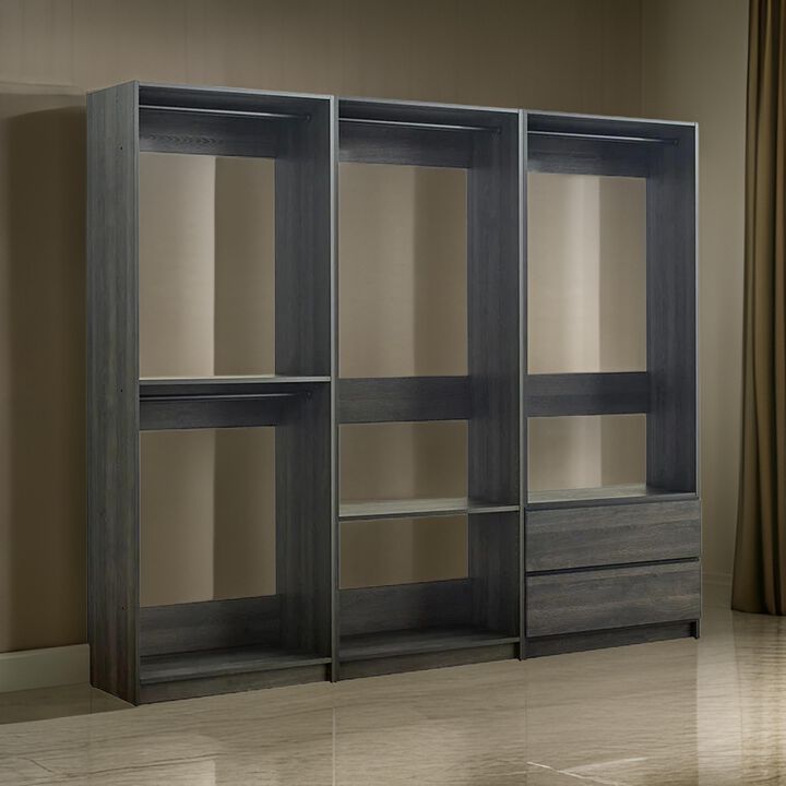 Dee Modular Closet System, 4 Clothing Racks, 2 Drawers, Dark Gray Wood - Benzara
