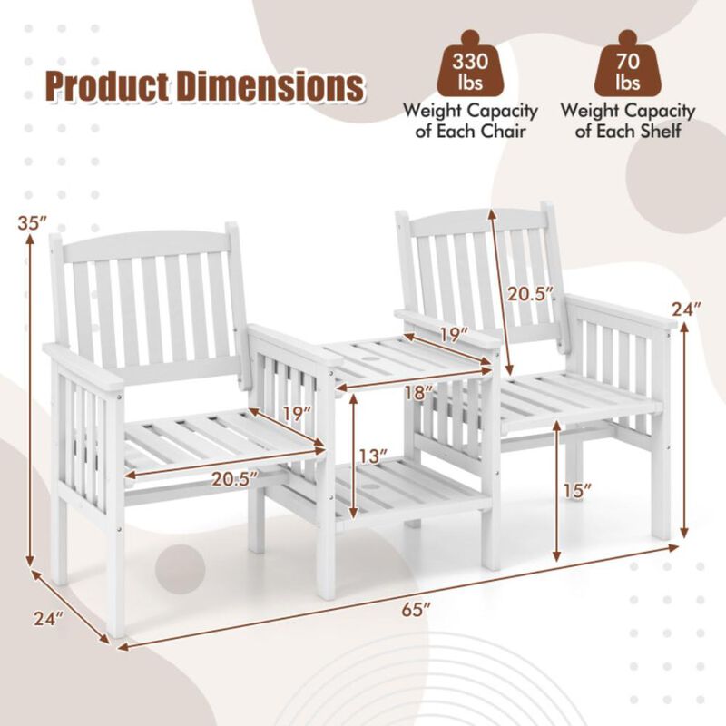 Hivvago Outdoor Fir Wood Loveseat with 2-Tier Side Table and 1.96" Umbrella Hole