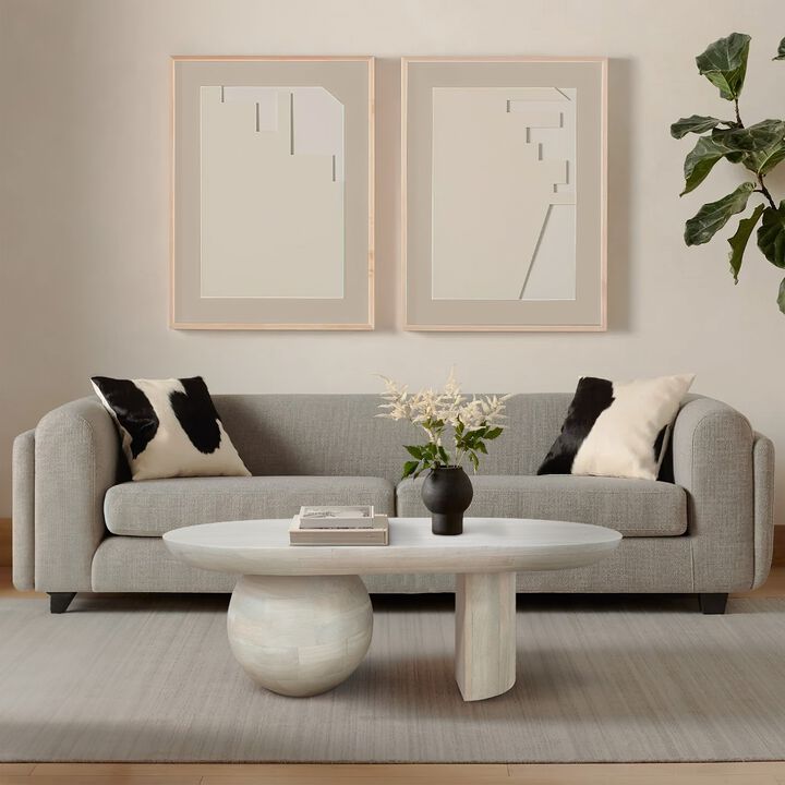 38 Inch Coffee Table, Oblong Mango Wood Top with a Modern Ball Leg, Washed White - Benzara