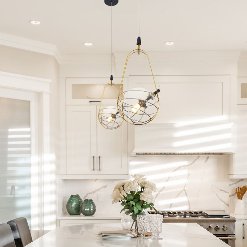 VONN Lighting Integrated LED Height Adjustable Pendant Light with Glass Shade in Antique Brass
