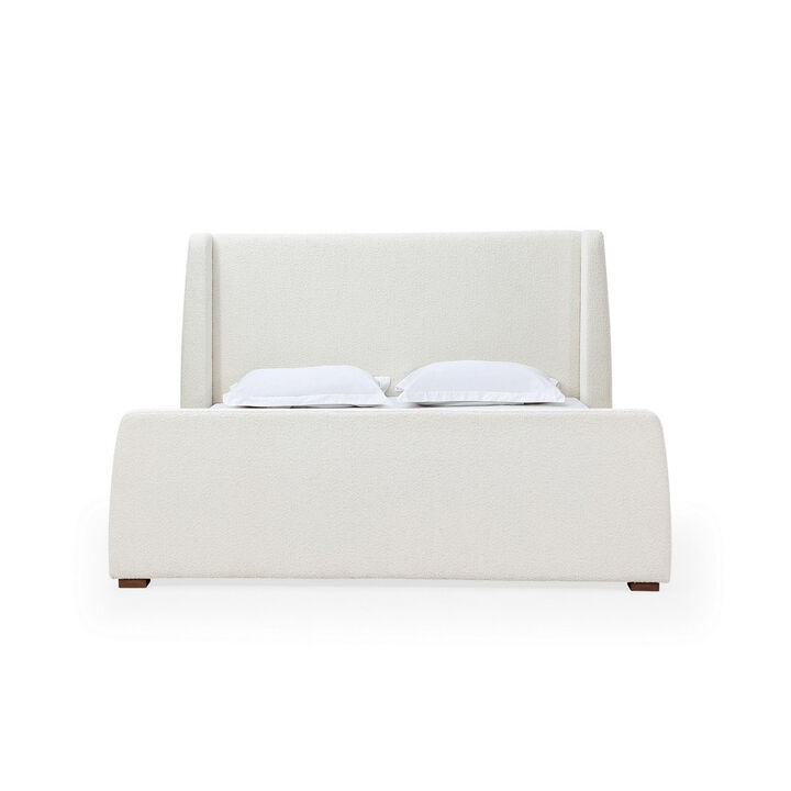 Mosi Queen Platform Bed, Wingback Headboard, White Boucle Fabric Upholstery - Benzara