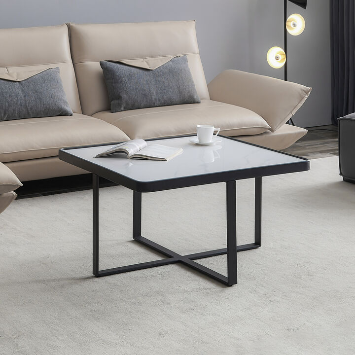 Modern Square Coffee Table with Sintered Stone Surface and Metal Base