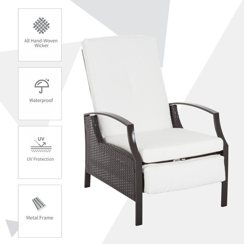 White Rattan Recliner: Adjustable Hand-Woven Chair for Patio, Garden, Poolside