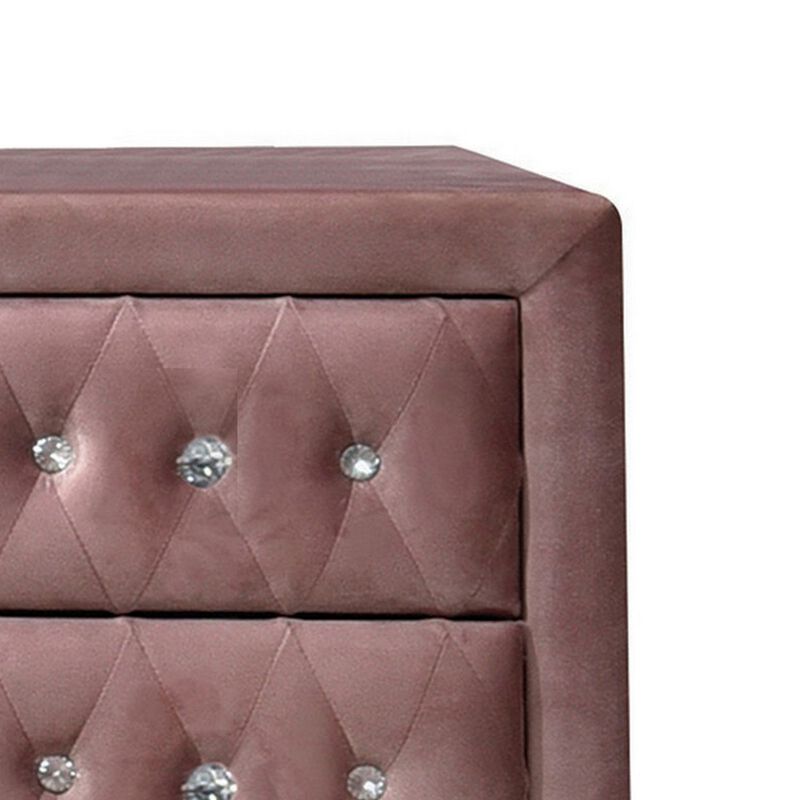 Rex 17 Inch Modern Upholstered Nightstand, 2 Drawer, Crystal Handles, Pink-Benzara