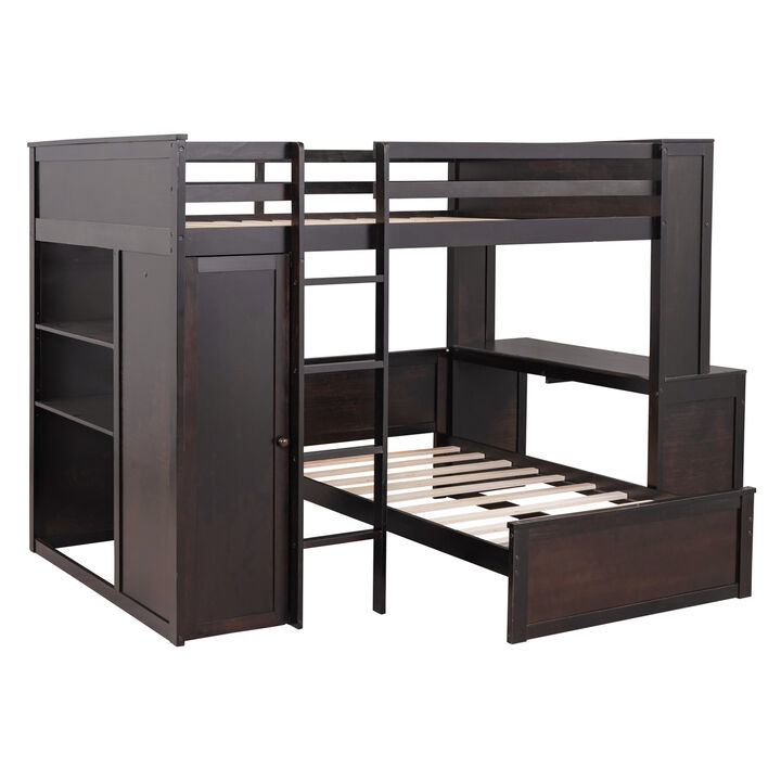 Full Size Loft Bed With A Twin Size Stand-Alone Bed, Shelves, Desk, And Wardrobe