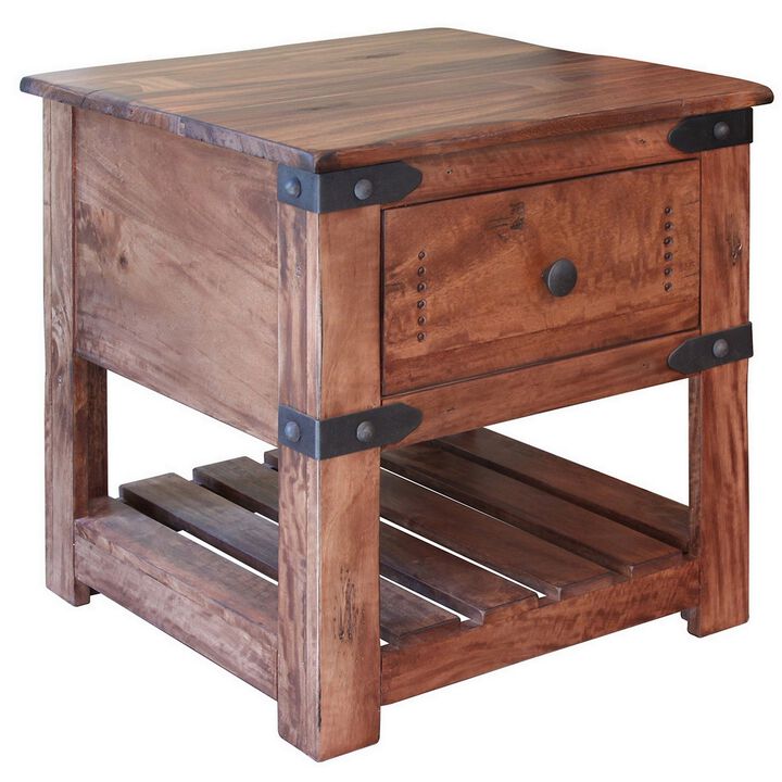 Umey 23 Inch Side End Table, Slatted Shelf, Brown Solid Mango Wood-Benzara