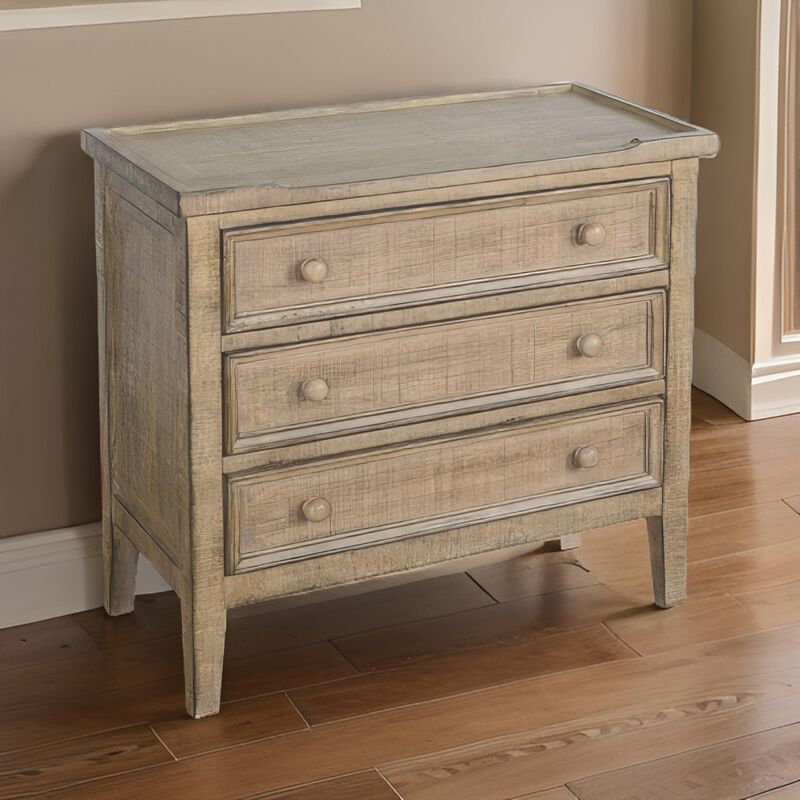 Rena Side End Table with 3 Drawers, 28 Inch Rustic Brown Mahogany Wood - Benzara