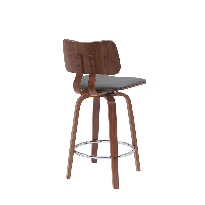 Pino 26 Inch Swivel Counter Stool Chair, Gray Faux Leather, Walnut Brown - Benzara