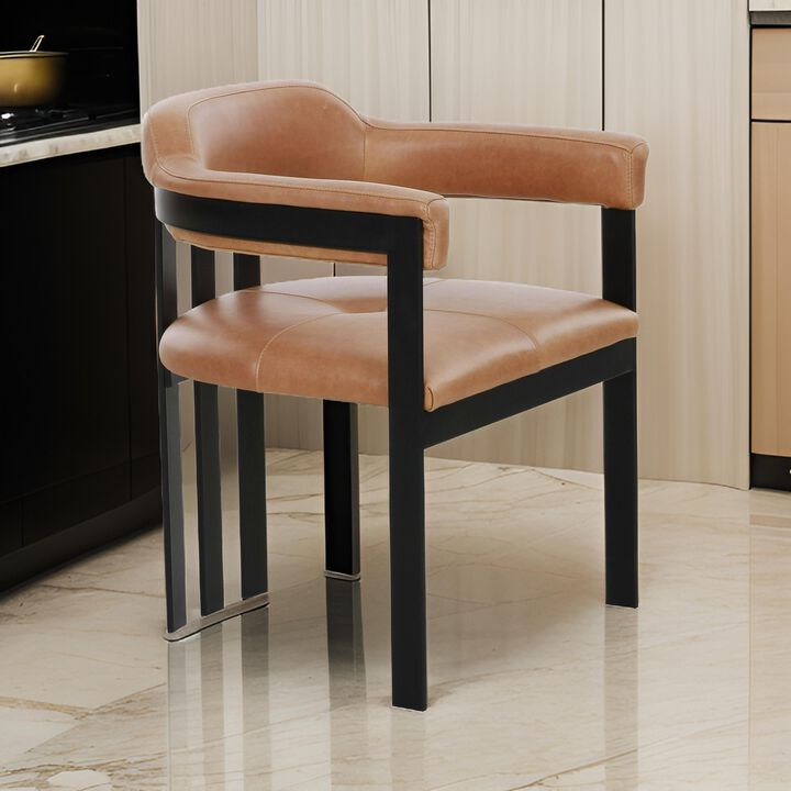 Anta Dining Chair, Black Iron Slatted Back, Plush Brown Genuine Leather - Benzara