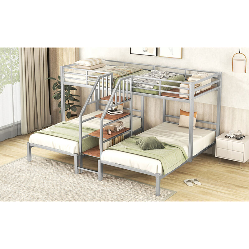 Metal Twin Over Twin & Twin Bunk Bed, Triple Bunk Bed With Storage Shelves Staircase, Silver