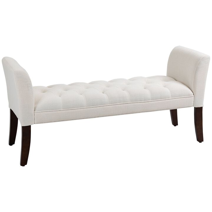 Cream White Bed Seating: Tufted Bench with Arms & Solid Wood Legs