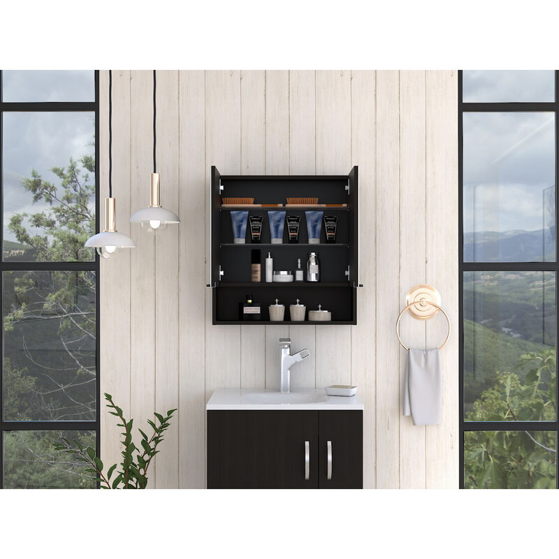 Jaspe Mirror Cabinet, Three Internal Shelves, One Open Shelf, Double Door Cabinet
