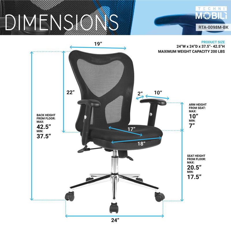 Techni Mobili High Back Mesh Office Chair With Chrome Base. Color: Black