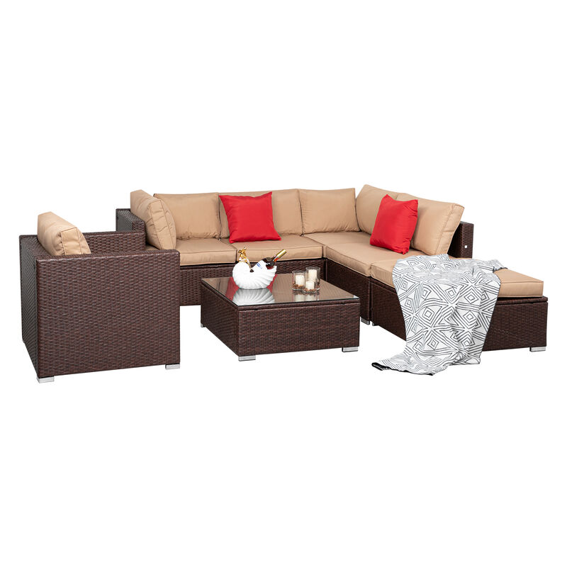 7-Piece Wood Grain PE Wicker Rattan Patio Sofa Set, Outdoor Sectional with Corner Sofa