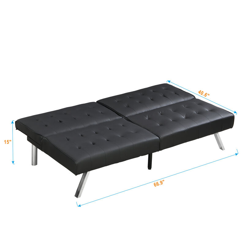 Wood Frame, Stainless Leg, Futon, Sofa Bed Black PVC