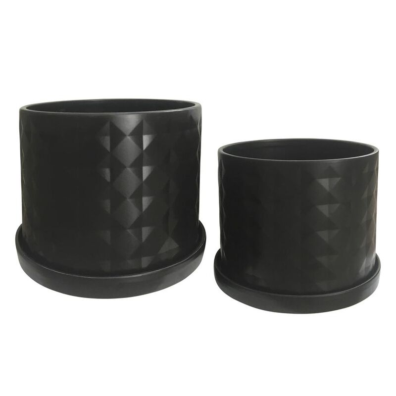 Sagebrook Home S/2 10/12 Diamond Planter W/ Saucer, Black