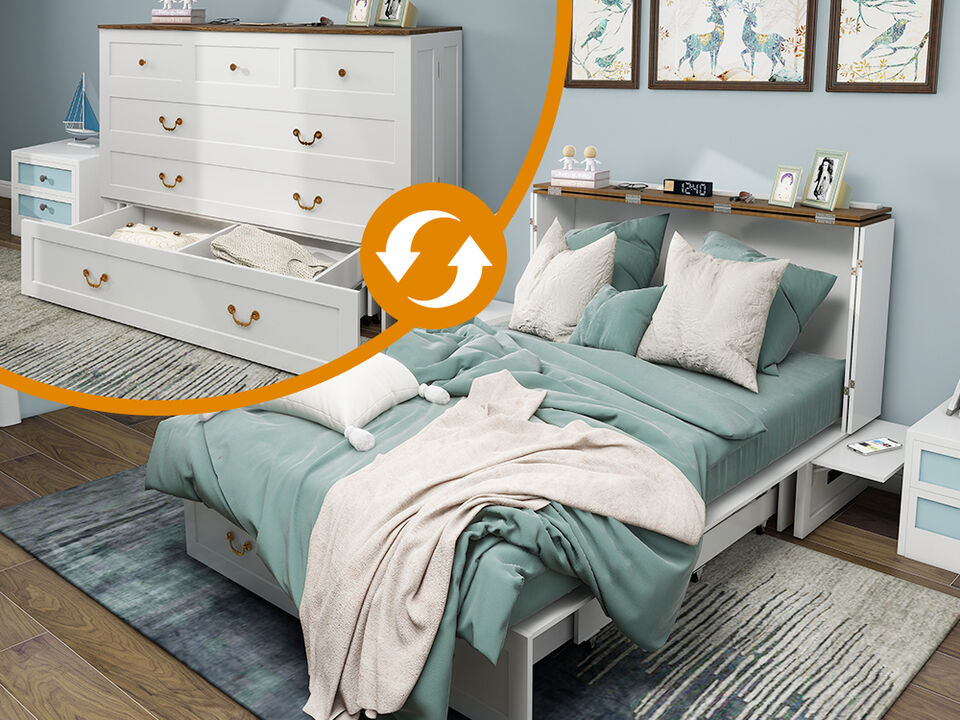 Murphy Bed Cabinet,Murphy Bed Queen with USB, Murphy Bed Cabinet with Drawer,White Cabinet Bed  for Guest Room