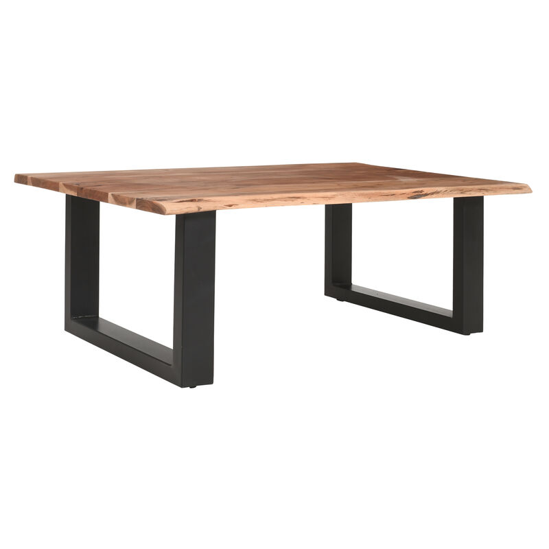 45 Inch Acacia Wood Rectangular Coffee Table, Live Edge Details, Black Powder Coated Metal Sled Base, Natural Brown-Benzara
