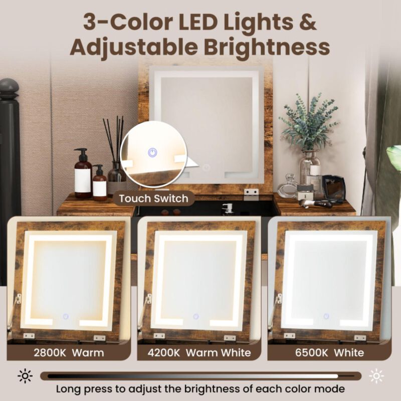 Hivvago Vanity Table Set with Flip Top Mirror Lights USB Writing Desk and Stool-Brown