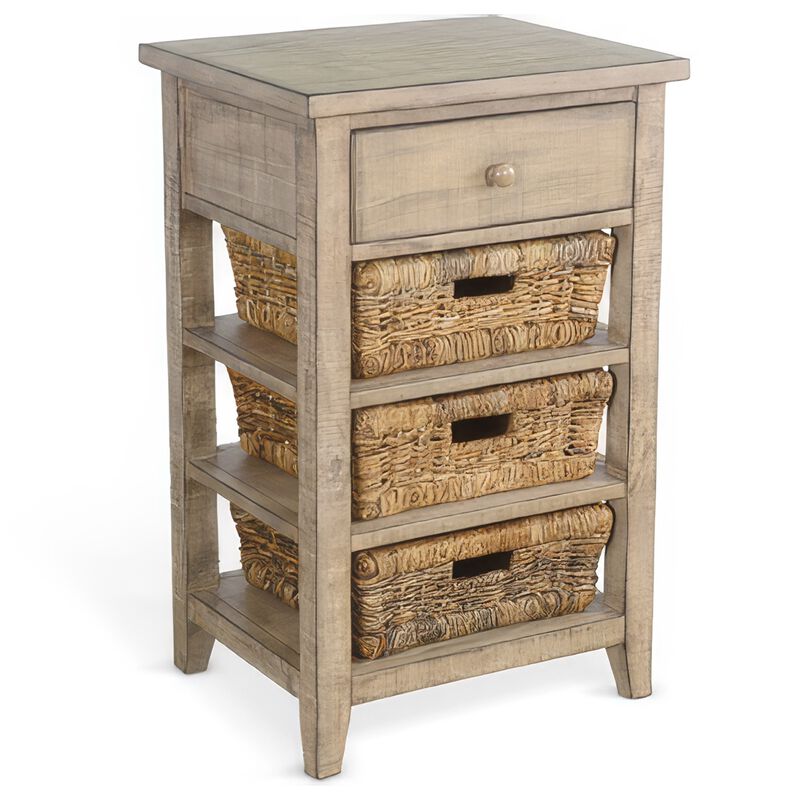 Rena End Table, 3 Natural Rattan Storage Baskets, 20 Inch Brown Wood - Benzara