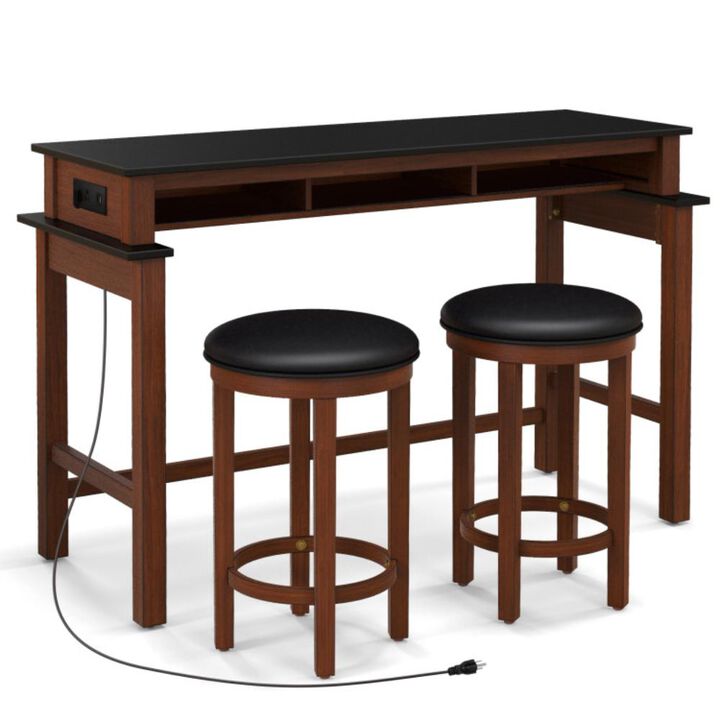 Hivvago 3-Piece Home Bar Set with 2 Upholstered Bar Stools, Outlets and USB Ports
