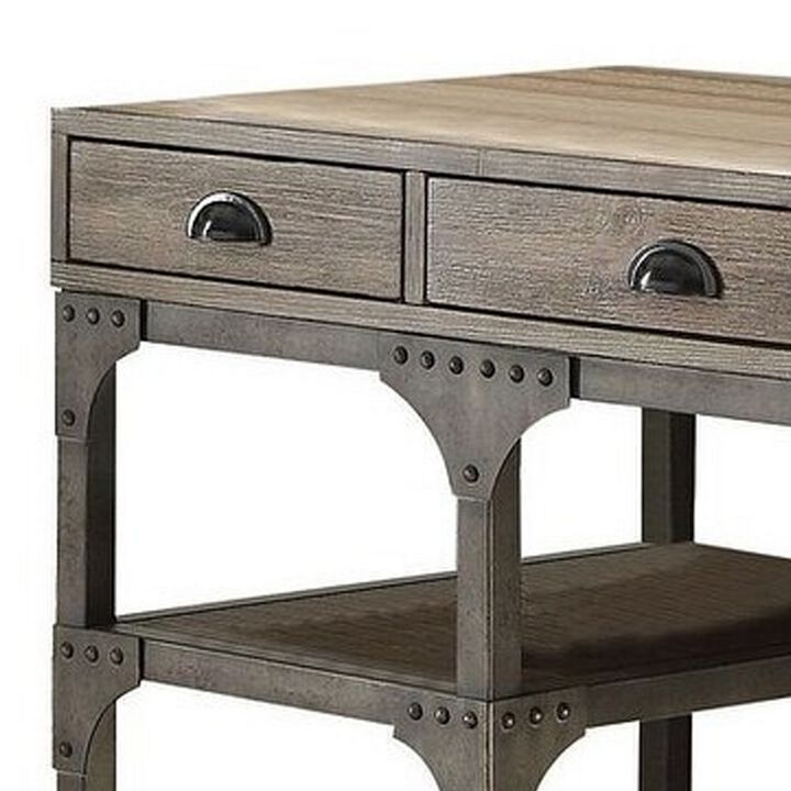Wood And Metal Desk With Three Drawers And Two Side Shelves, Oak Brown And Gray-Benzara