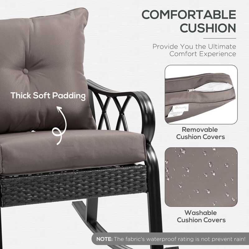Grey Porch Rocker: Wicker Chair with Cushions and Aluminum Frame