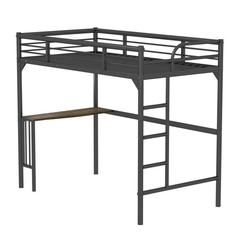 Twin Metal Loft Bed With Desk, Ladder And Guardrails, Bookdesk Under Bed