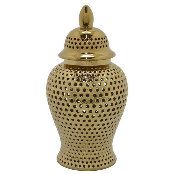Deni 19 Inch Temple Jar, Small Carved Cut Out Lattice, Lid, Gold Ceramic - Benzara