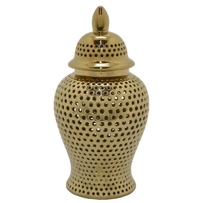 Deni 19 Inch Temple Jar, Small Carved Cut Out Lattice, Lid, Gold Ceramic - Benzara