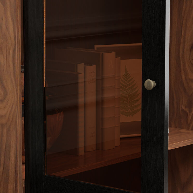 70.7 in. H Brown Wood 2 Glass Door Accent Cabinet W/3-Tier Shelves and Metal Legs Storage Cabinet Bookshelf Cupboard